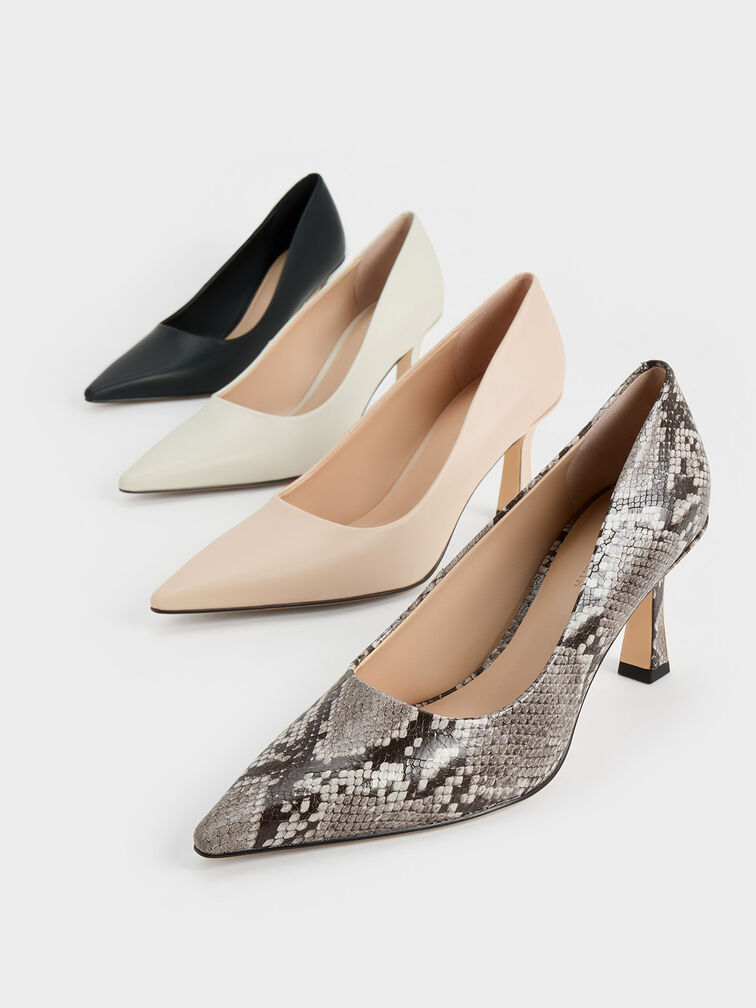 Flare Heel Pointed-Toe Pumps, สีนู้ด, hi-res