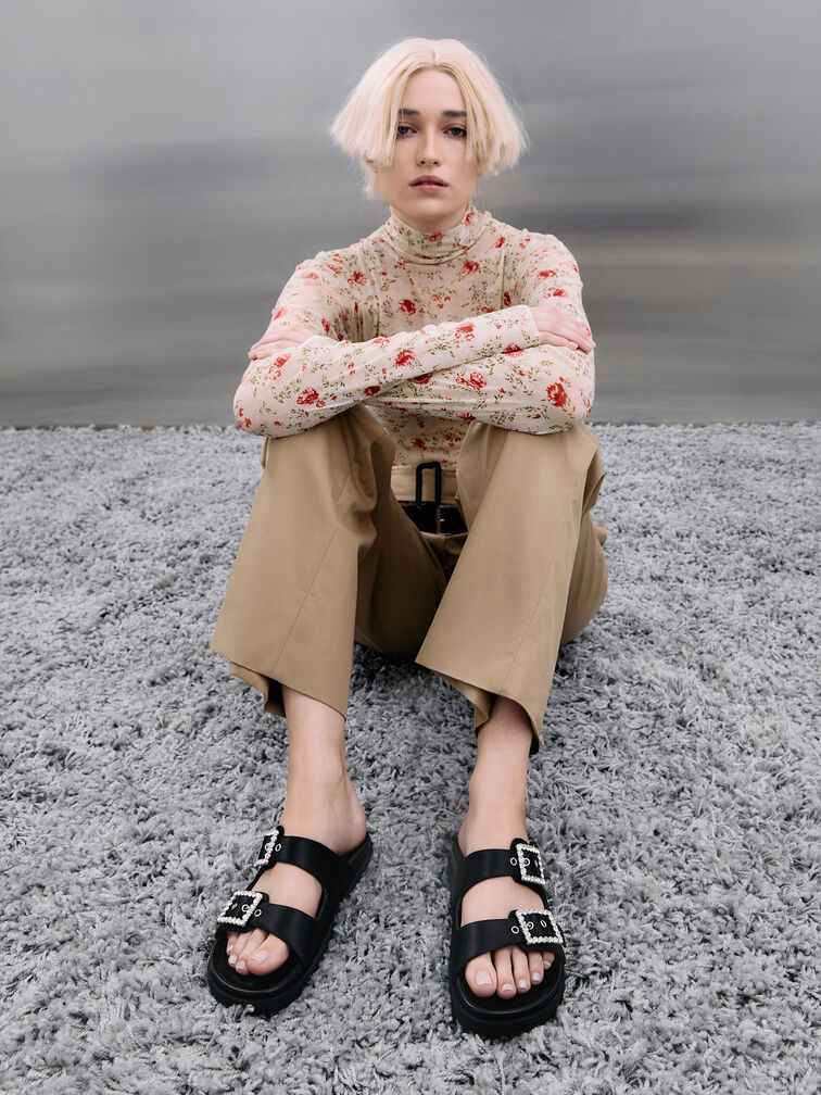 รองเท้าแตะดีไซน์สายคาดแบบคู่พร้อมหัวเข็มขัดประดับเพชร, สีแบล็คเท็กซ์เจอร์, hi-res