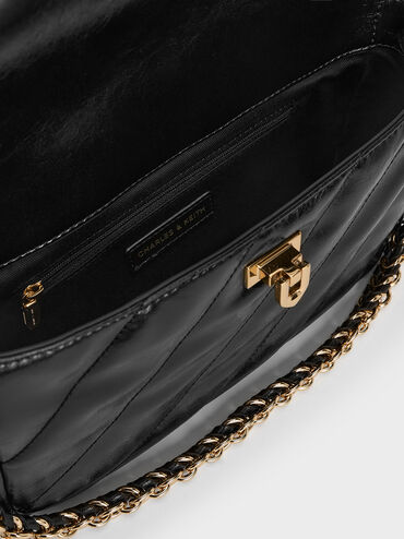 กระเป๋าสะพายไหล่ลายเส้นดีไซน์ที่ปิดด้านหน้ารุ่น Fawn, สีดำ, hi-res