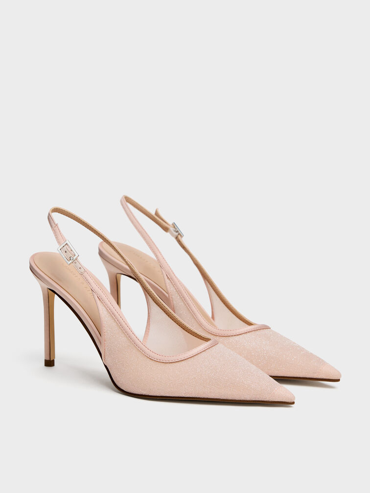 Glittered Mesh Pointed Slingback Pumps, Pink, hi-res