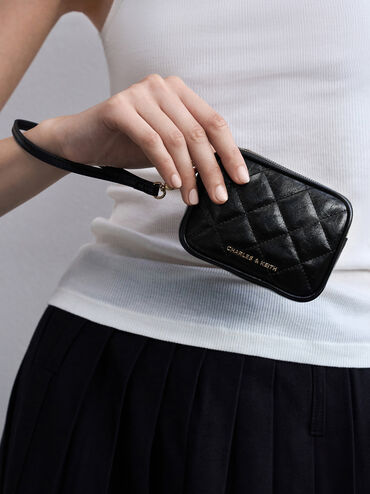 Apfra Quilted Wristlet Pouch, Black, hi-res