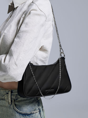 กระเป๋าสะพายข้างผ้าไนลอนแบบสายโซ่รุ่น Philomena, สีดำอะไหล่สีเงิน, hi-res