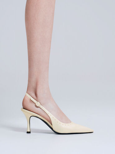 Studded Pointed-Toe Slingback Pumps, สีชอล์ค, hi-res