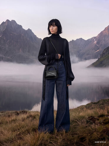 กระเป๋าโบว์ลิ่งดีไซน์ลายเรขาคณิตรุ่น Midori, สีดำอะไหล่สีดำ, hi-res