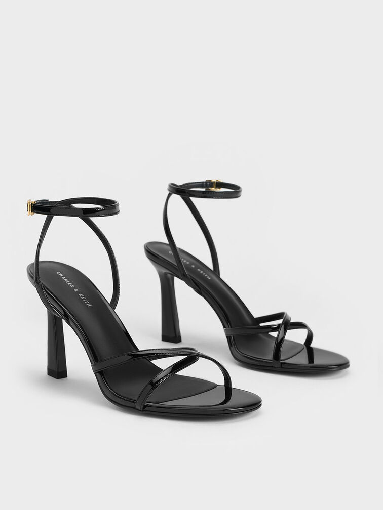 Patent Crossover-Strap Heeled Sandals, หนังแก้วสีดำ, hi-res