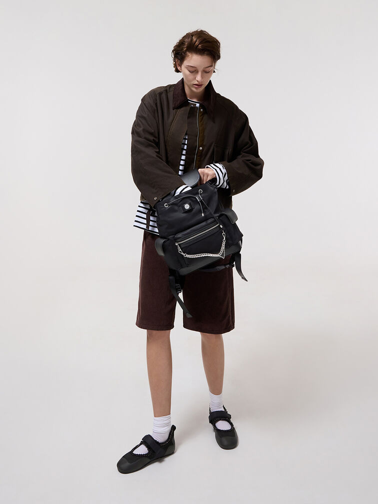 Nylon Puffy Chain-Link Backpack, Noir, hi-res