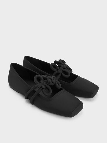 Clover-Knot Mary Jane Flats, Black Textured, hi-res