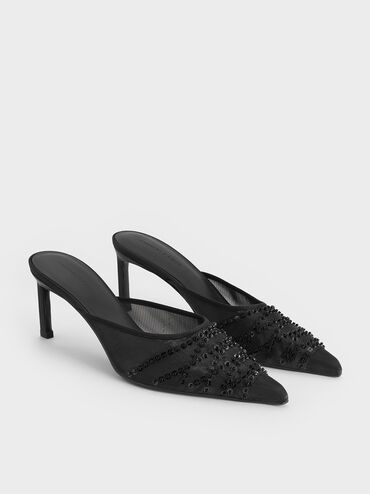Mesh Sequinned Heeled Mules, Black Textured, hi-res