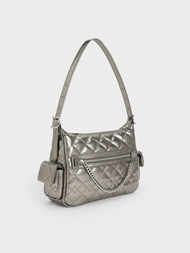 Duo Metallic Quilted Shoulder Bag, Pewter, hi-res