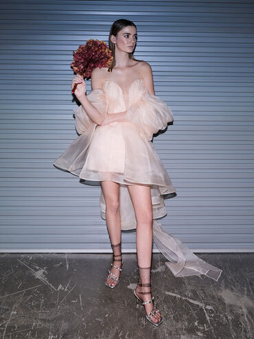 รองเท้าแตะส้นสูงหนังแท้เมทัลลิคประดับโบว์รุ่น Jessy, สีเงิน, hi-res