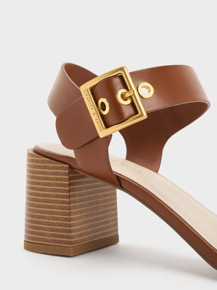 Square-Buckle Block Heel Sandals, สีคอนยัค, hi-res