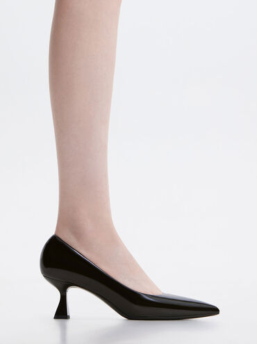 Pointed-Toe Flare Heel Pumps, หนังเงาสีดำ, hi-res