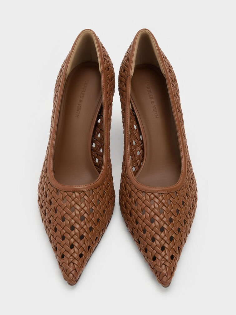 Woven Pointed Stiletto Pumps, Brown, hi-res