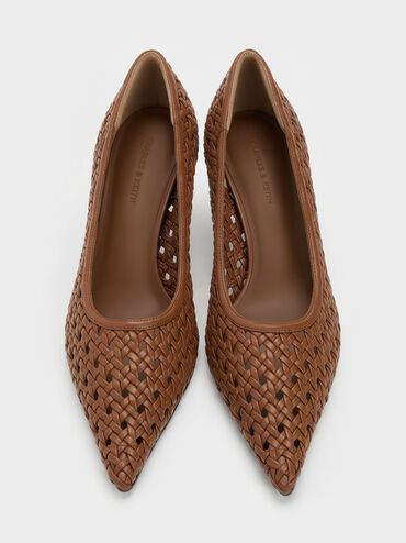 Woven Pointed Stiletto Pumps, Brown, hi-res