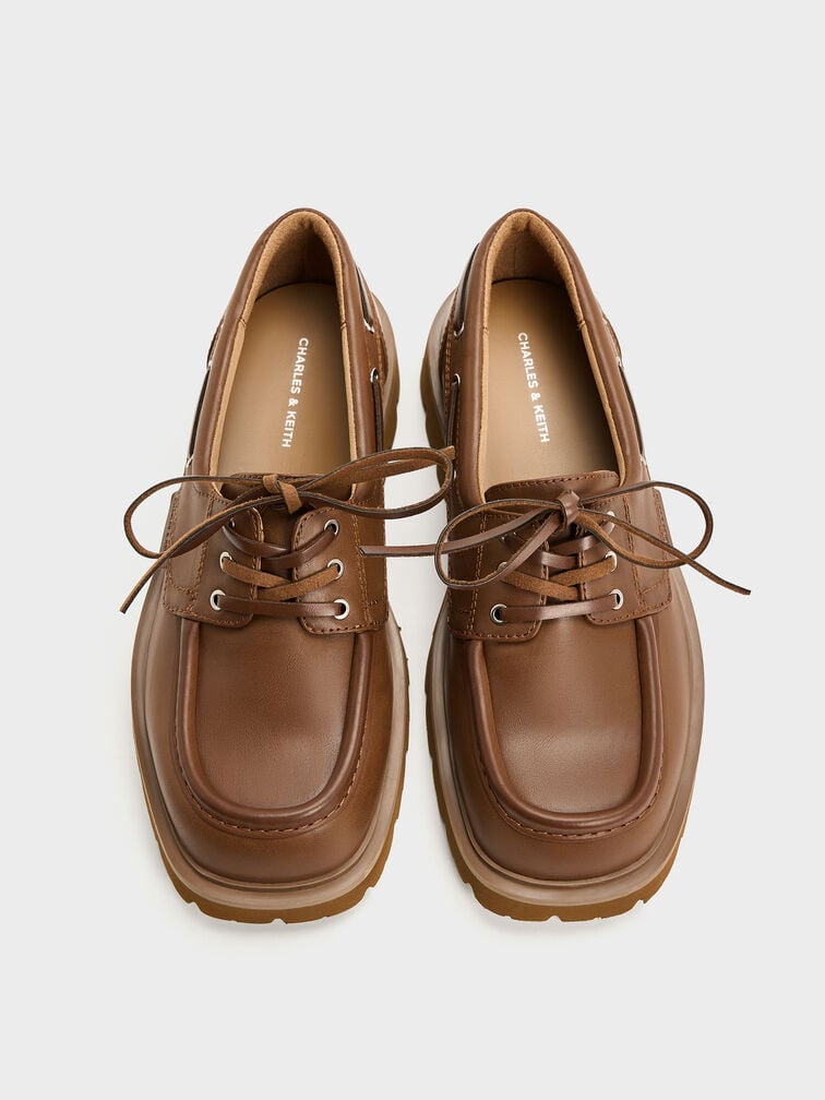 รองเท้าโบ๊ทชูส์พื้นหยักแบบผูกเชือก, สีคอนยัค, hi-res