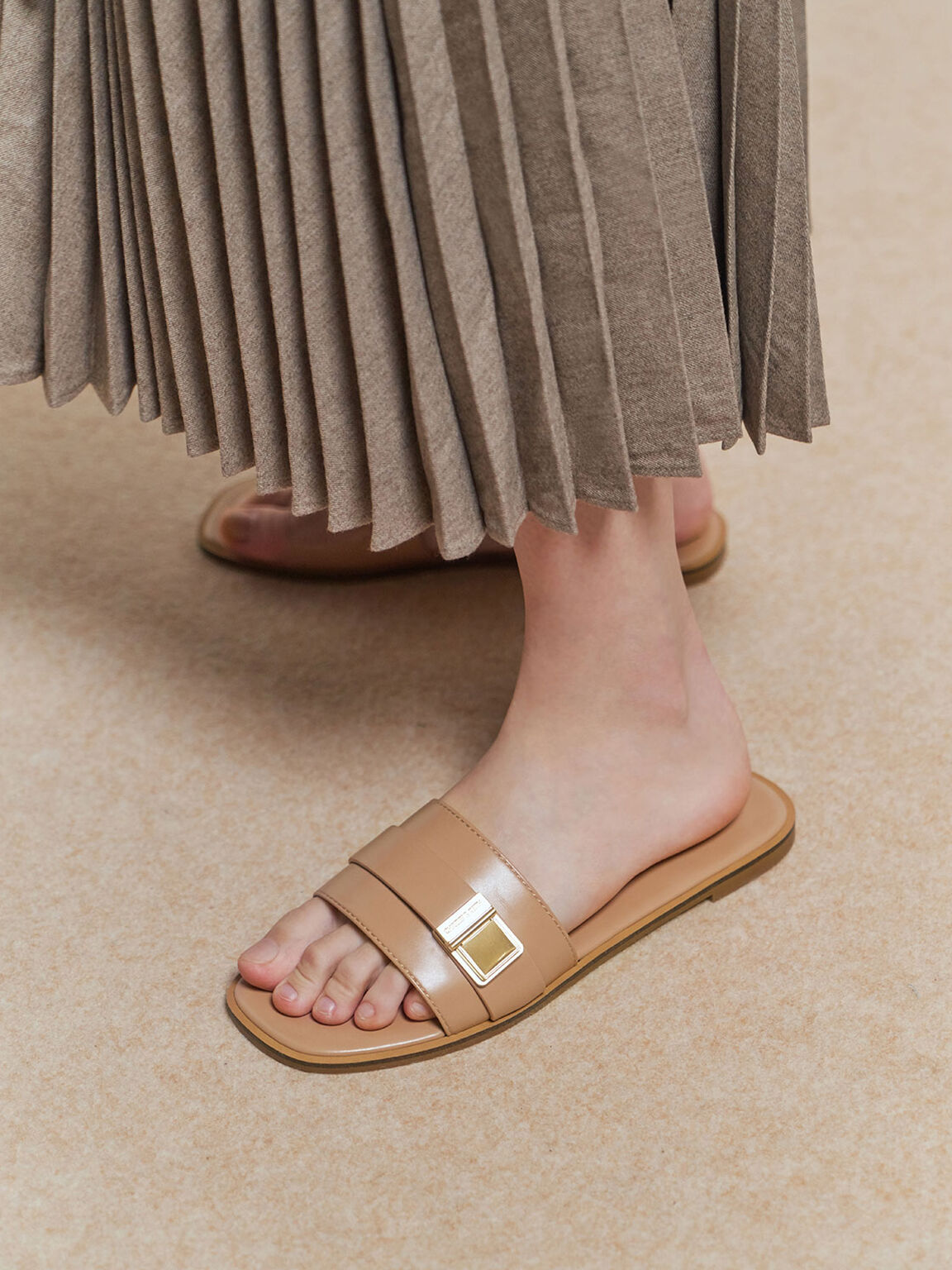 Buckle Detail Slide Sandals, Nude, hi-res