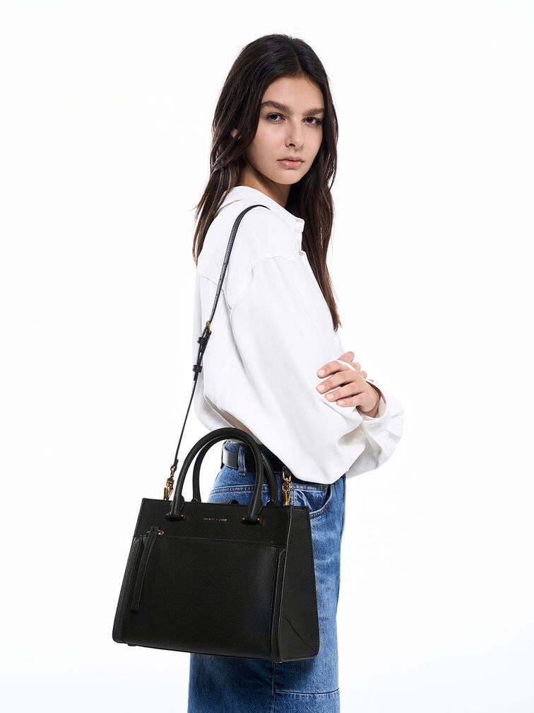 กระเป๋าโท้ทแบบมีโครงรุ่น Anwen, สีดำ, hi-res