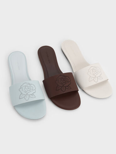Perforated-Rose Motif Slide Sandals, Chalk, hi-res