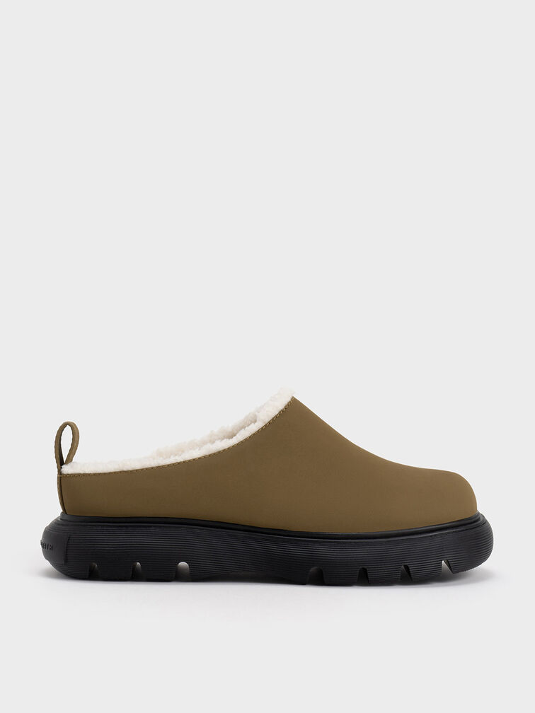 Fur-Trim Round-Toe Platform Mules, , hi-res