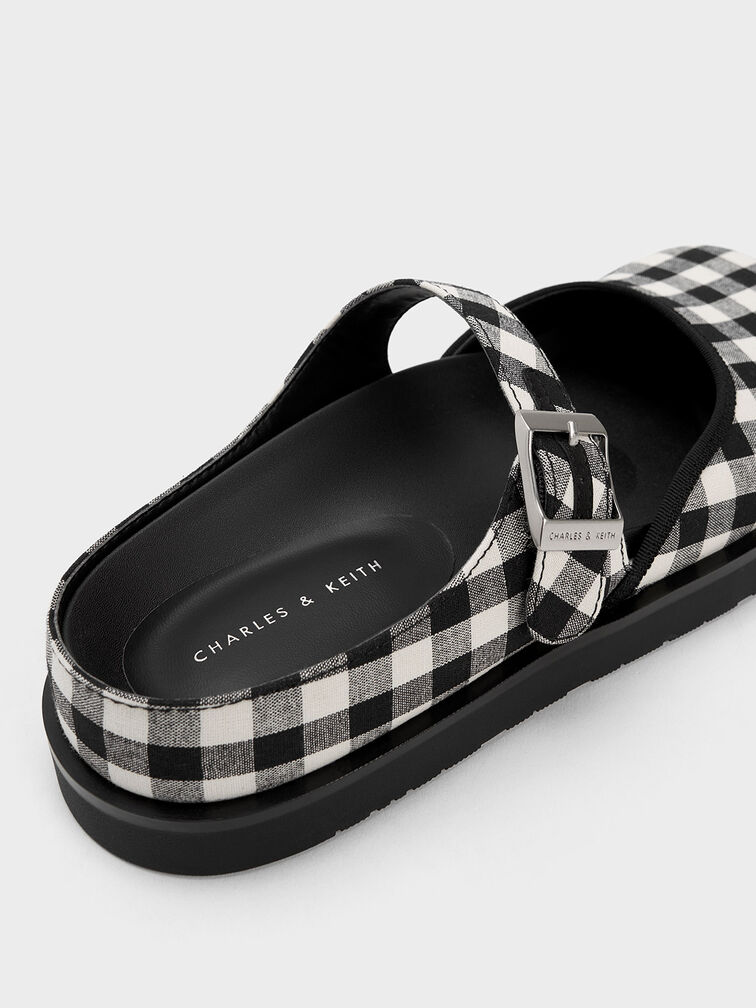 Gingham Buckled Flat Mules, , hi-res