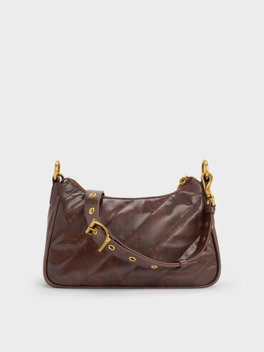 กระเป๋าสะพายข้างแบบสายโซ่ดีไซน์ลายย่นรุ่น Philomena, สีดิสเทรสด์คอฟฟี่, hi-res