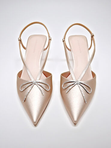 Crystal-Bow Kitten-Heel Slingback Pumps, Nude, hi-res