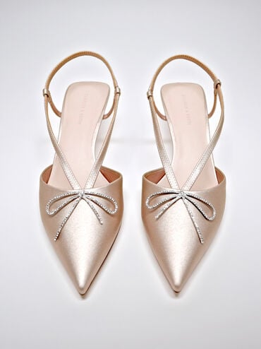Crystal-Bow Kitten-Heel Slingback Pumps, Nude, hi-res