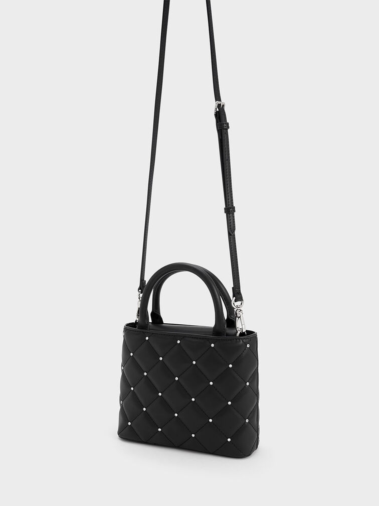 Gem-Embellished Padded Tote Bag, สีดำ, hi-res