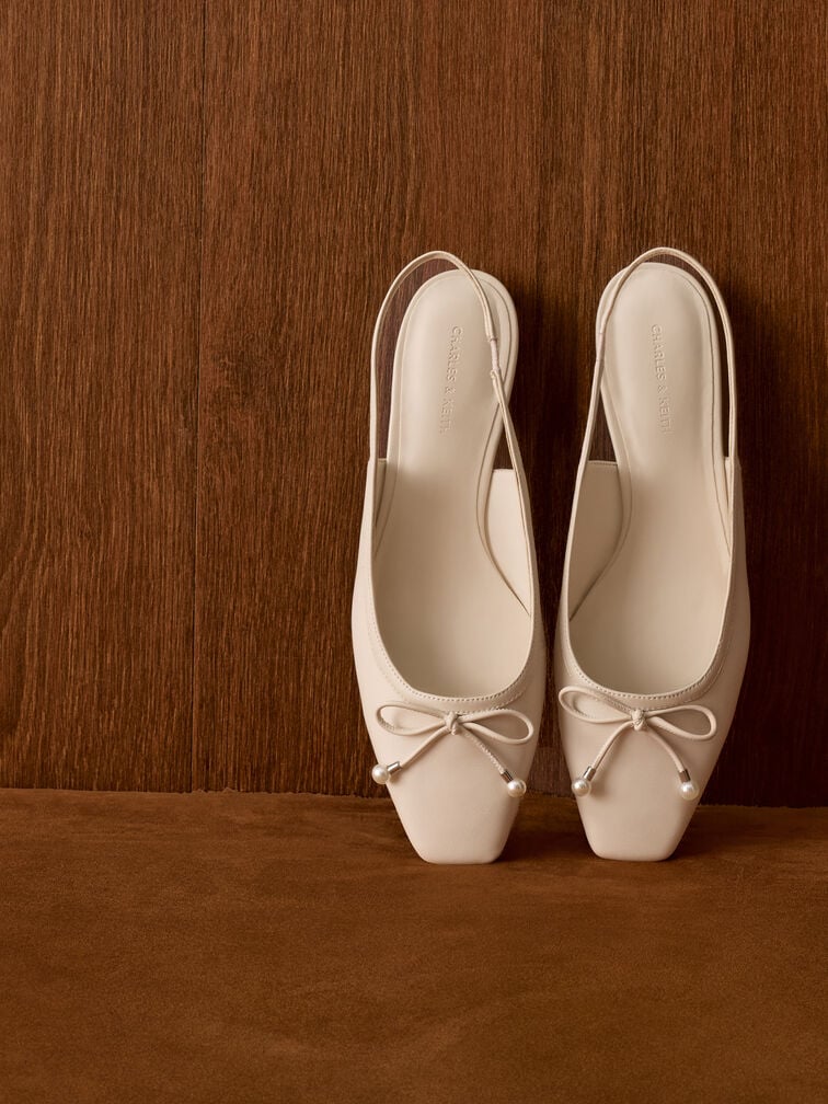 Barbara Pearl-Bow Slingback Flats, Chalk, hi-res