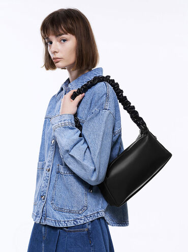 Cosette Ruched Handle Bag, สีดำอะไหล่สีเงิน, hi-res