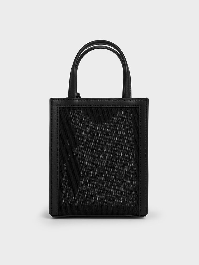 Mesh Sequin-Flower Elongated Tote Bag, Jet Black, hi-res
