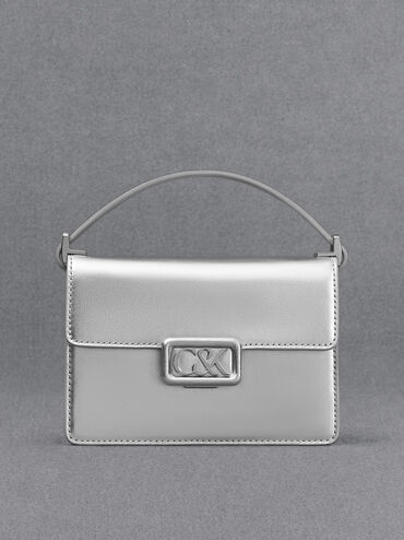 Leather Metallic Boxy Bag, Silver, hi-res