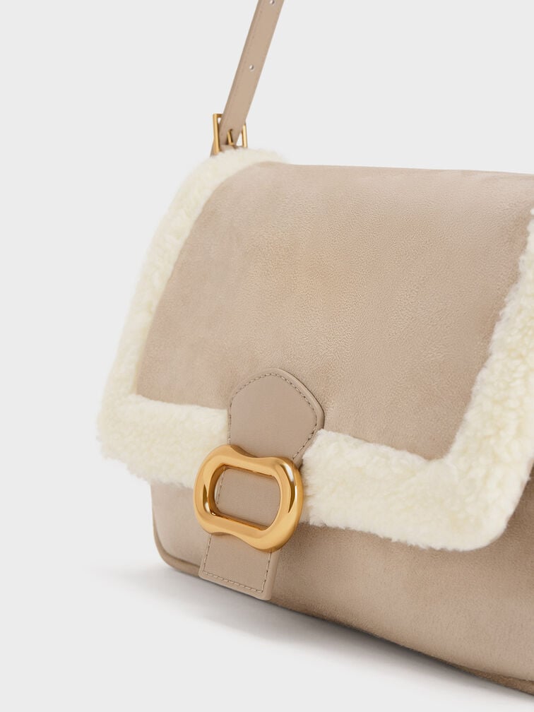 Daki Fur-Trim Belted Trapeze Bag, , hi-res