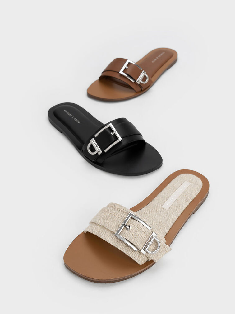 Metallic Buckle Slides, สีดำ, hi-res