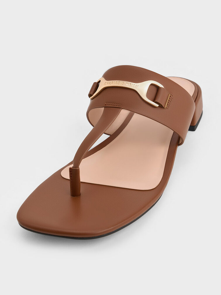 Leslie T-Bar Metallic Accent Thong Sandals, Cognac, hi-res