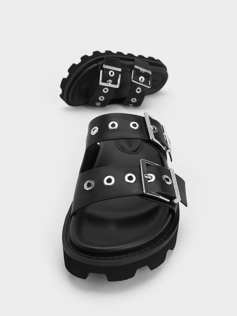 รองเท้าแตะสายคาดเท้าแบบคู่ตกแต่งด้วยหมุดโลหะ Grommet รุ่น Trill, สีดำ, hi-res