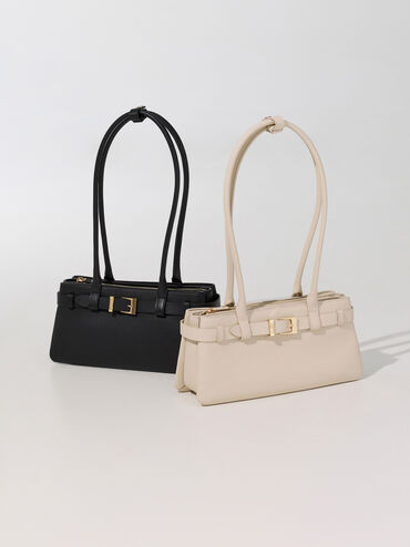 กระเป๋าสะพายไหล่หนังแท้ตกแต่งสายเข็มขัดรุ่น Jody, สีดำ, hi-res