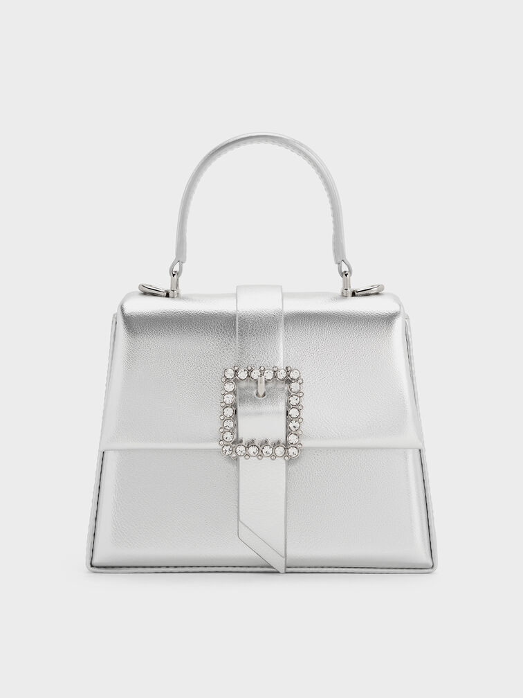 Metallic Crystal-Buckle Belted Top Handle Bag, Silver, hi-res