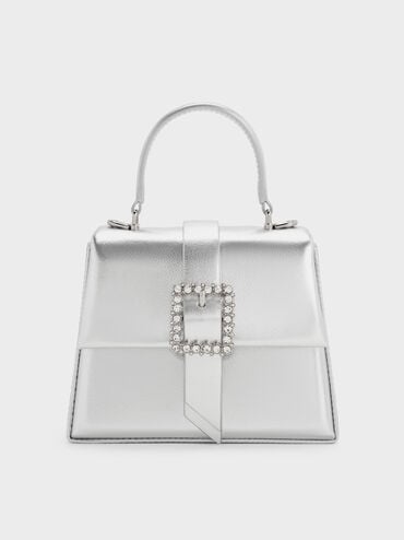 Metallic Crystal-Buckle Belted Top Handle Bag, Silver, hi-res