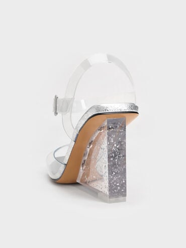 See-Through Speckled-Heel Ankle-Strap Wedges, White, hi-res