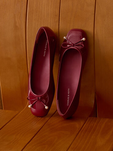 Barbara Patent Pearl-Bow Ballet Flats, Red, hi-res