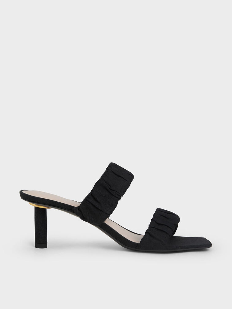 Linen Ruched Heeled Mules, , hi-res
