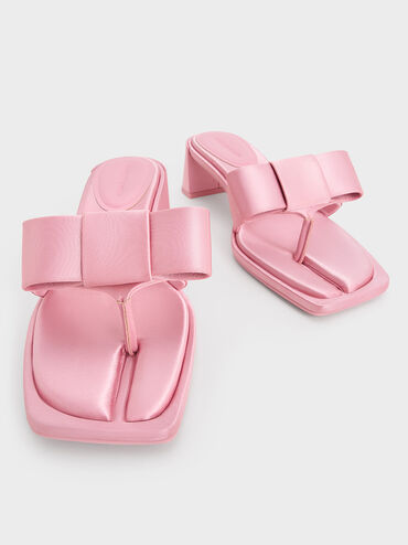 Satin Bow Heeled Thong Sandals, Pink, hi-res