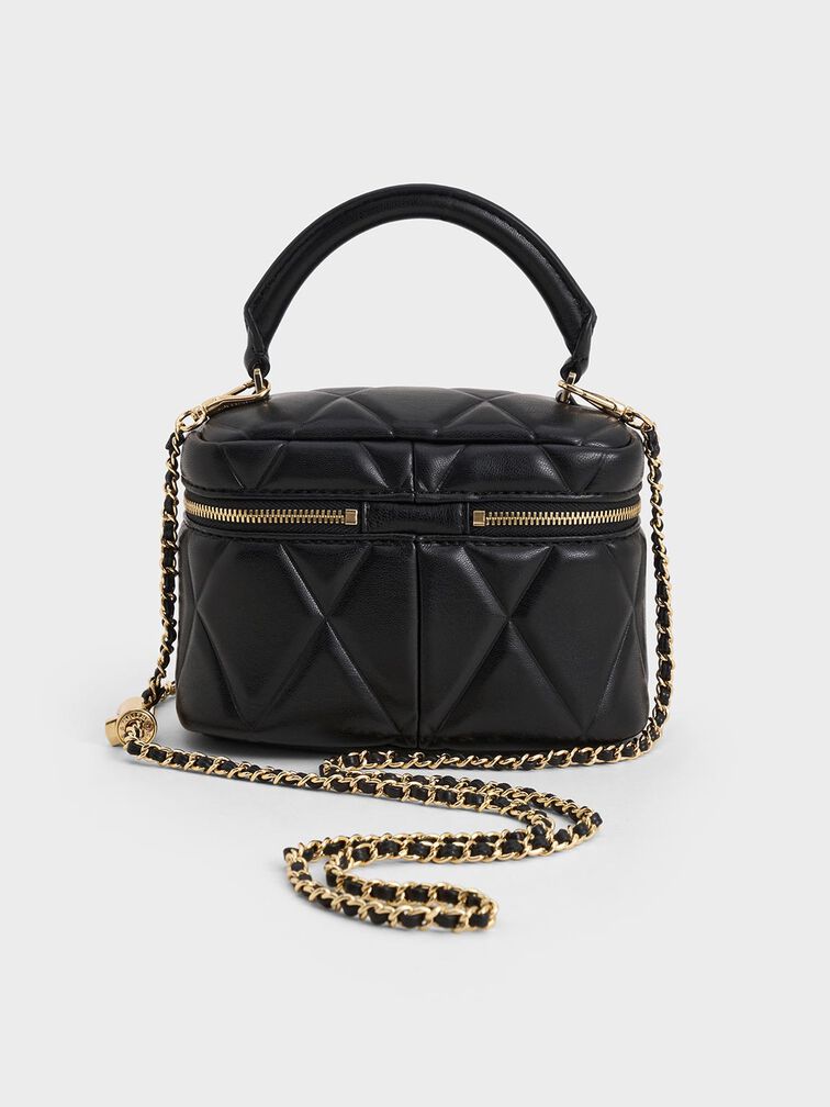 กระเป๋าทรงลูกบาศก์ลายควิลท์ดีไซน์หูจับด้านบนรุ่น Arwen, สีดำ, hi-res