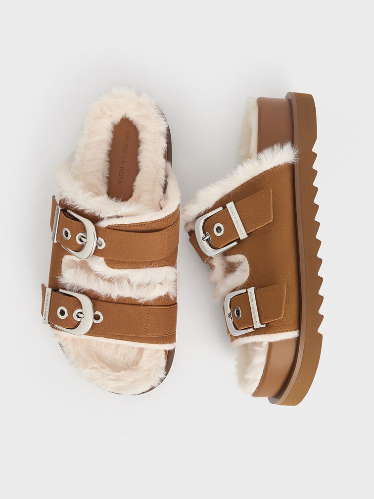 Hannah Furry Buckled Double-Strap Sandals, Brown, hi-res
