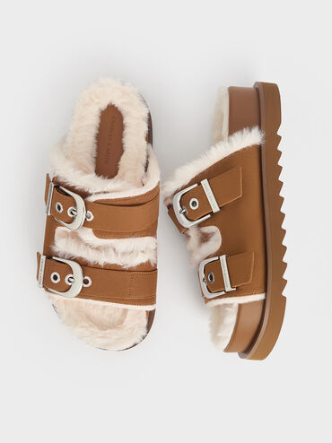 Hannah Furry Buckled Double-Strap Sandals, Brown, hi-res