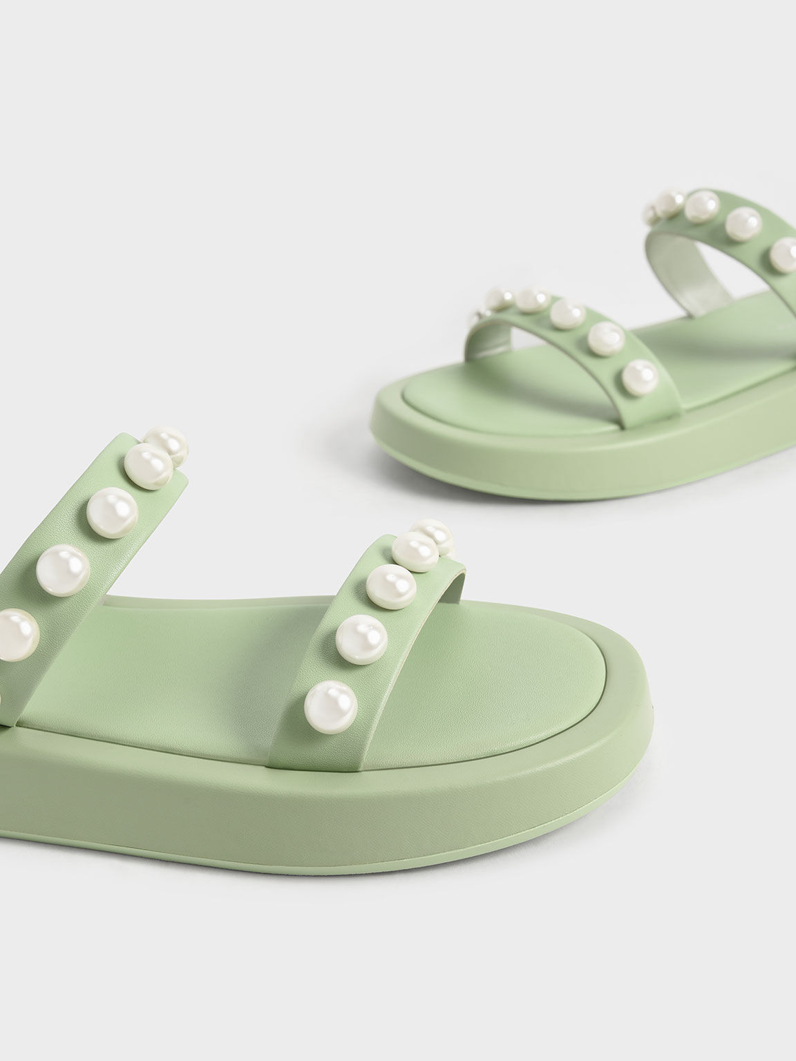 Pearl-Embellished Slide Sandals, Sage Green, hi-res