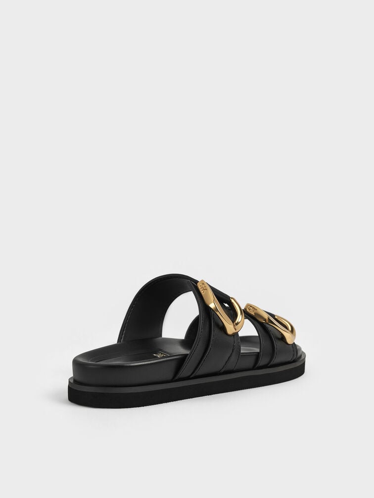 รองเท้าแตะแบบสวมดีไซน์หนังแท้ตกแต่งหัวเข็มขัดรุ่น Gabine, สีดำ, hi-res