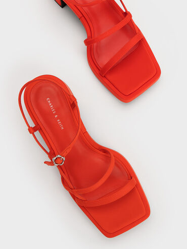 Flower-Buckle Strappy Sandals, สีแดง, hi-res