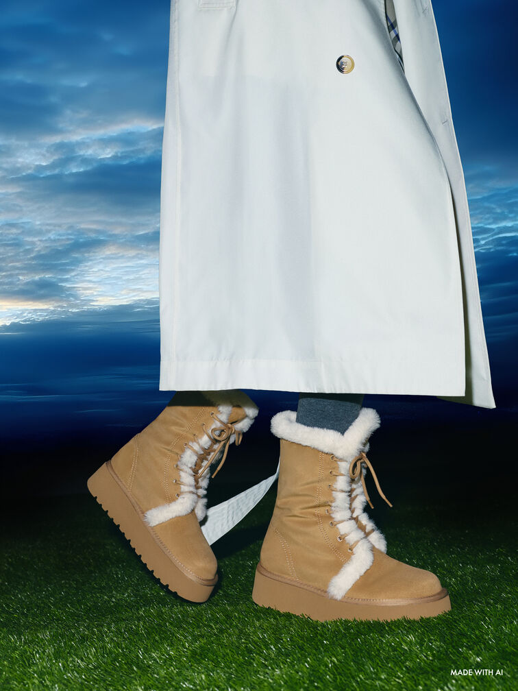 รองเท้าบูทแฟลตฟอร์มวัสดุหนังกลับสังเคราะห์ดีไซน์แบบพับขอบตกแต่งขนเฟอร์เทียม, สีแซนด์, hi-res